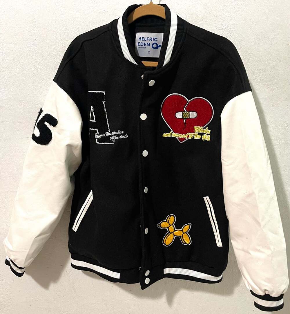Aelfric Eden Black and White Varsity Jacket with Broken Heart and Balloon Dog Em